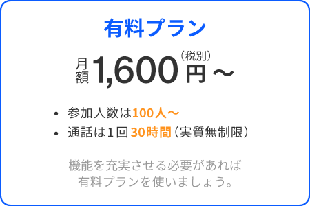 有料プランは月額1600円から利用できます。通話は1回30時間（実質無制限）利用でき、機能を充実させる必要があれば有料プランを使いましょう。